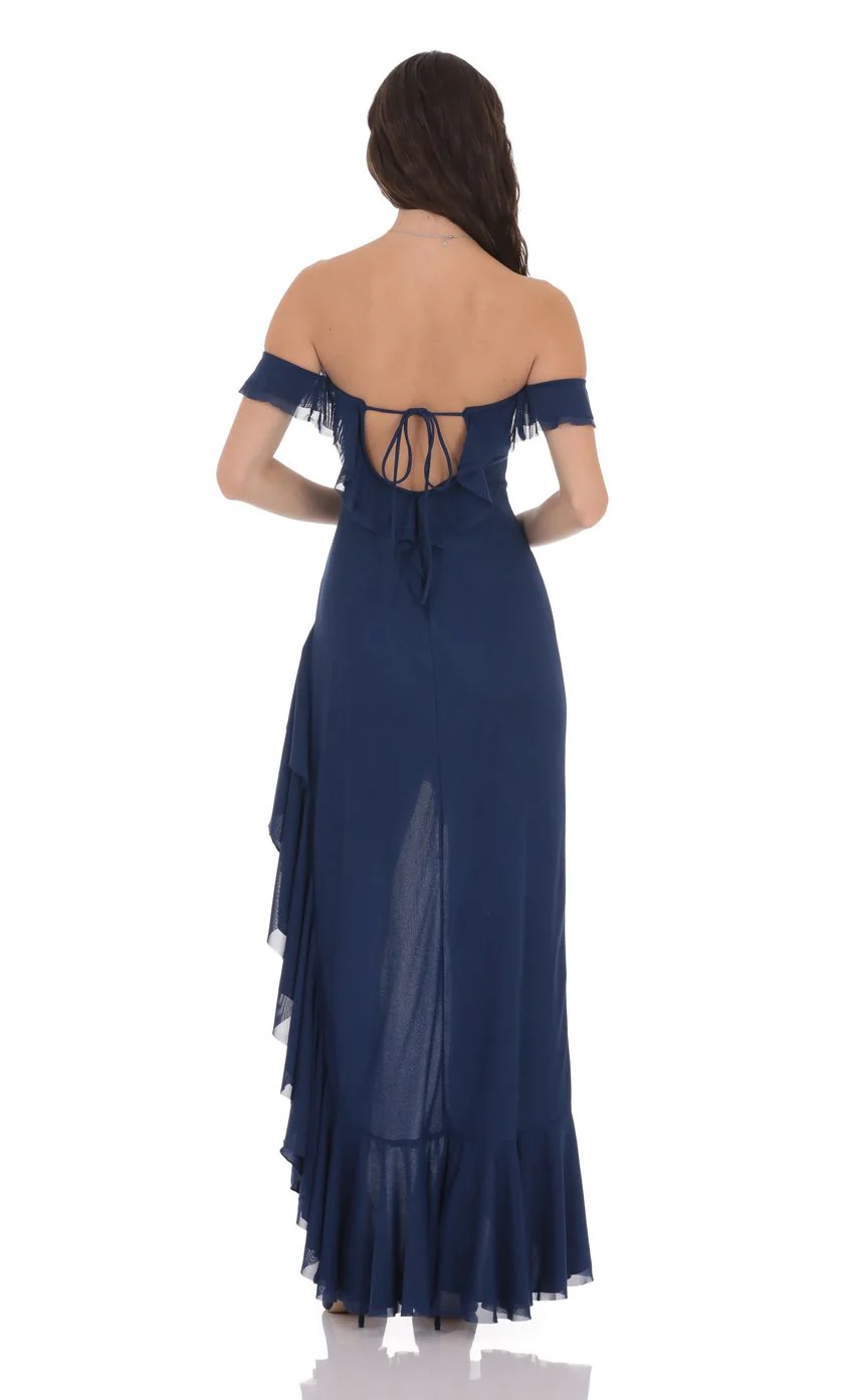 Off Shoulder Ruffle Maxi Dress in Blue - luluinthesky
