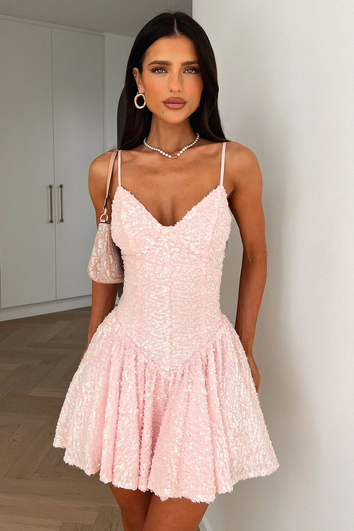 Mercedes Sequin Mini Dress - Baby Pink - luluinthesky