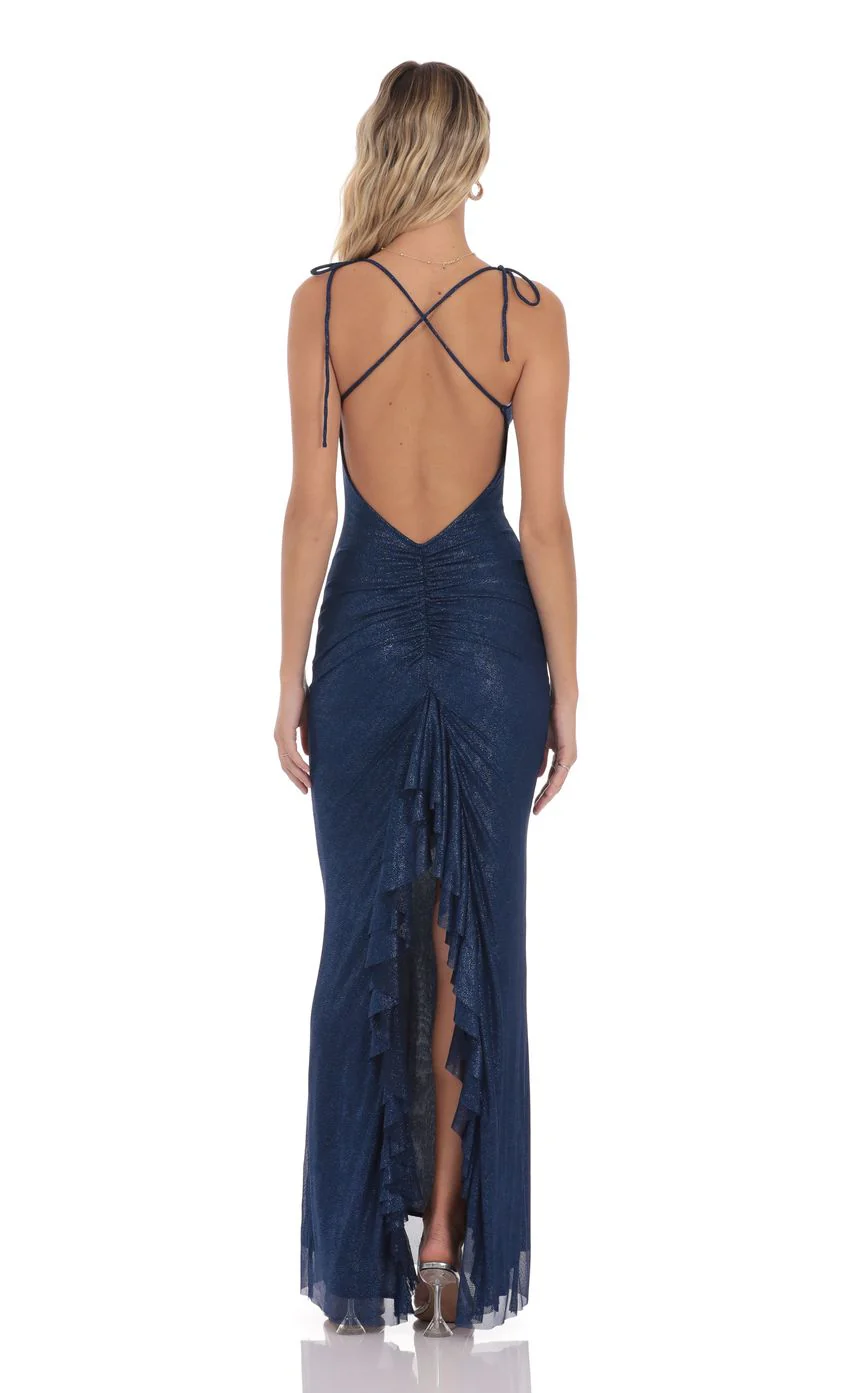 Foil Back Ruffle Maxi Dress in Navy - luluinthesky