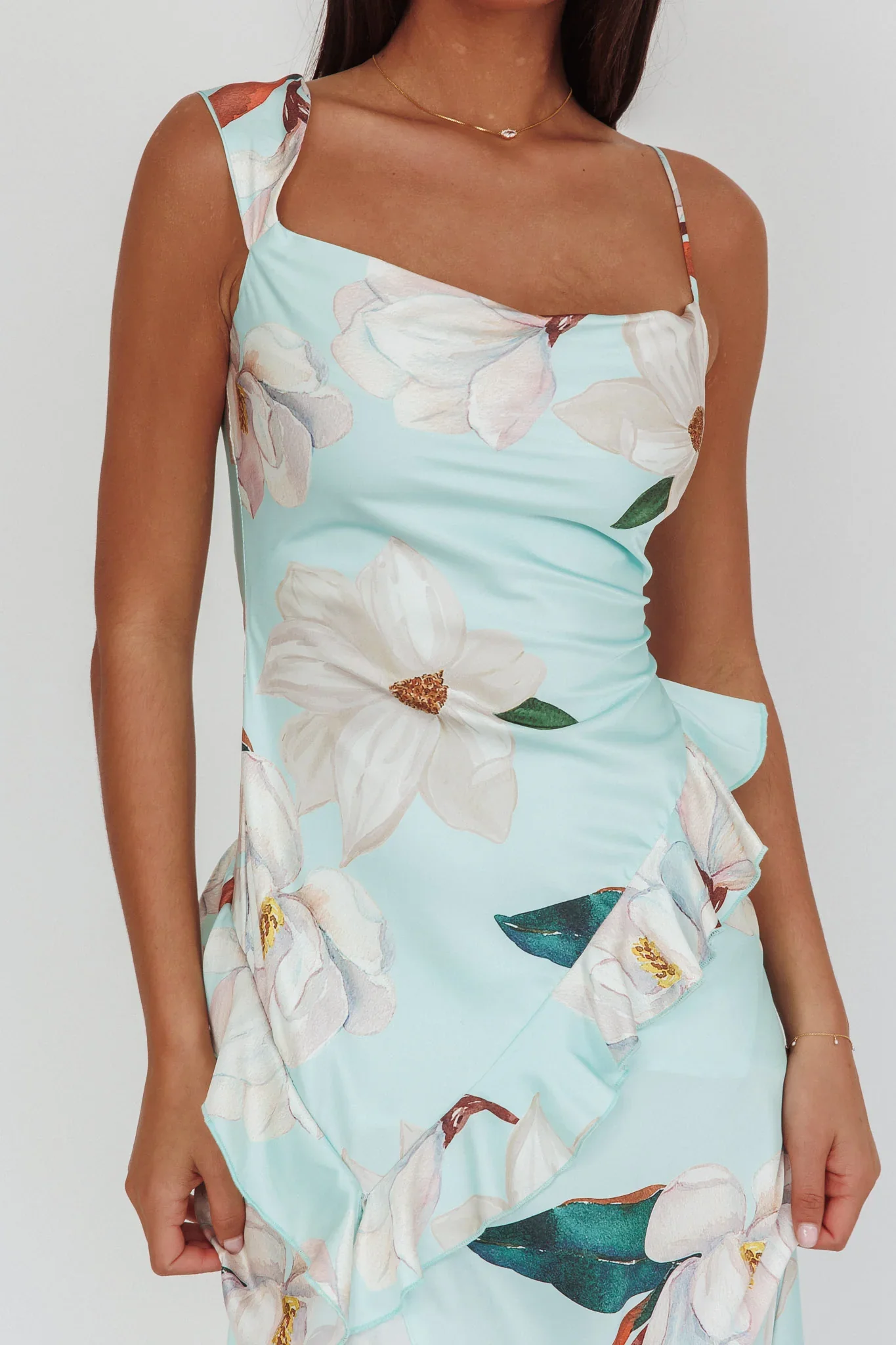 Sunshine Eternity Asymmetric Neckline Ruffle Maxi Dress Floral Mint - luluinthesky