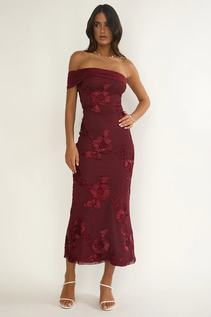 Gala One-Shoulder Maxi Dress Embellished Wine - luluinthesky