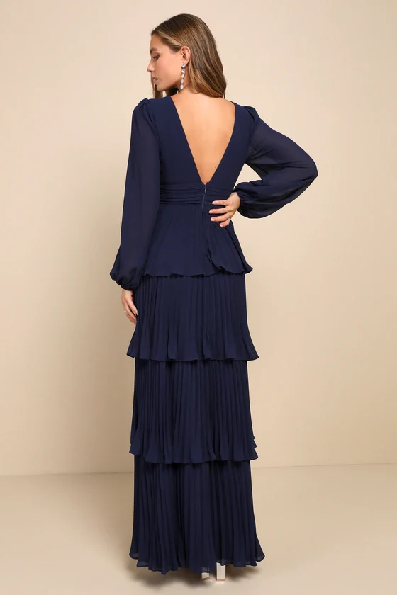 Graceful Finesse Navy Blue Pleated Long Sleeve Maxi Dress - luluinthesky