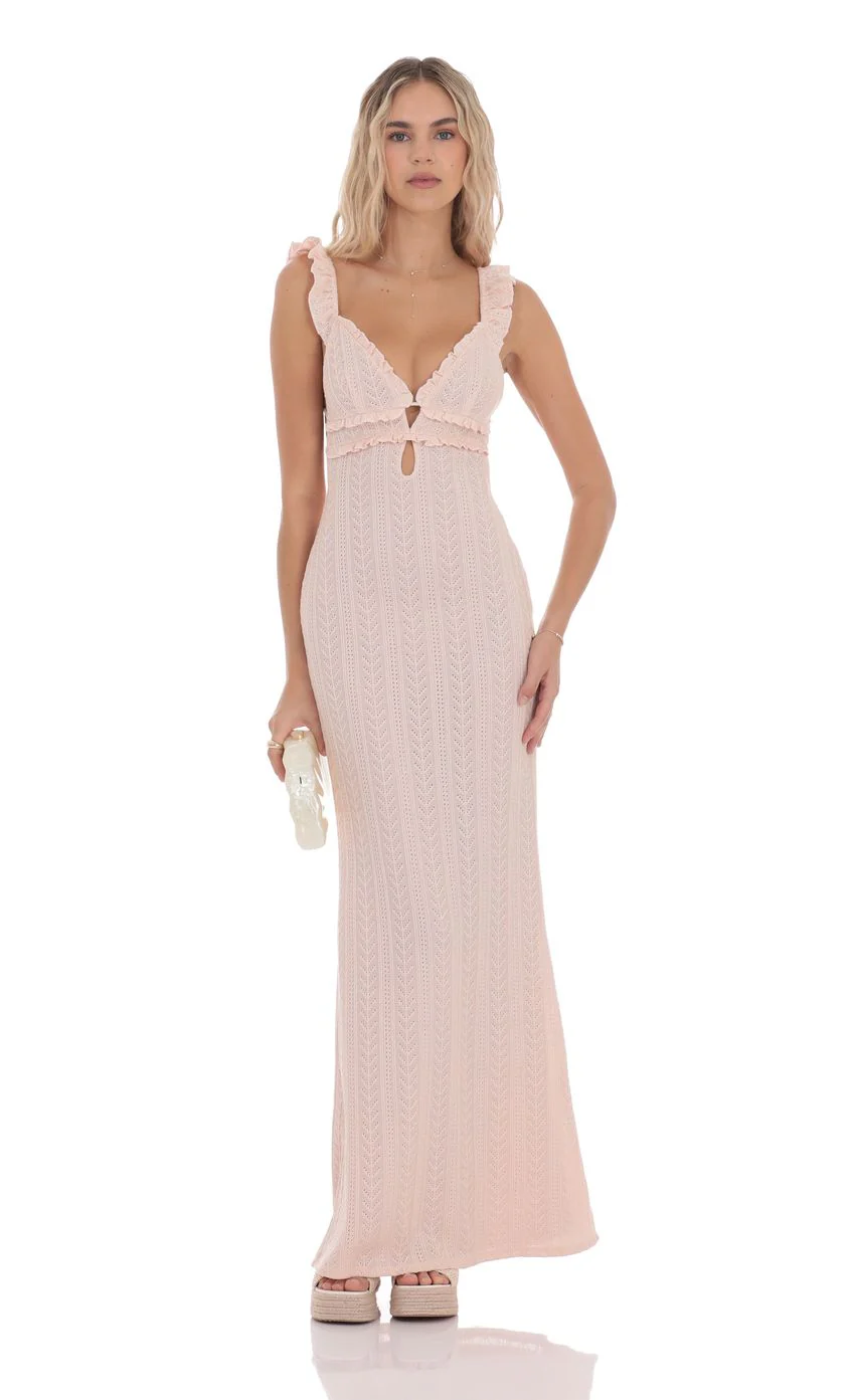 Knit Ruffle Maxi Dress in Pink - luluinthesky