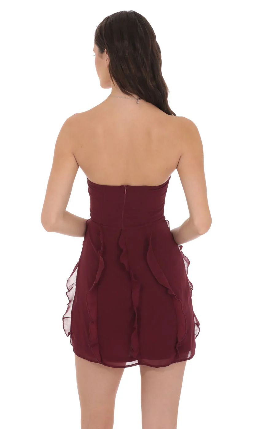 Chiffon Rosette Ruffle Dress in Burgundy - luluinthesky