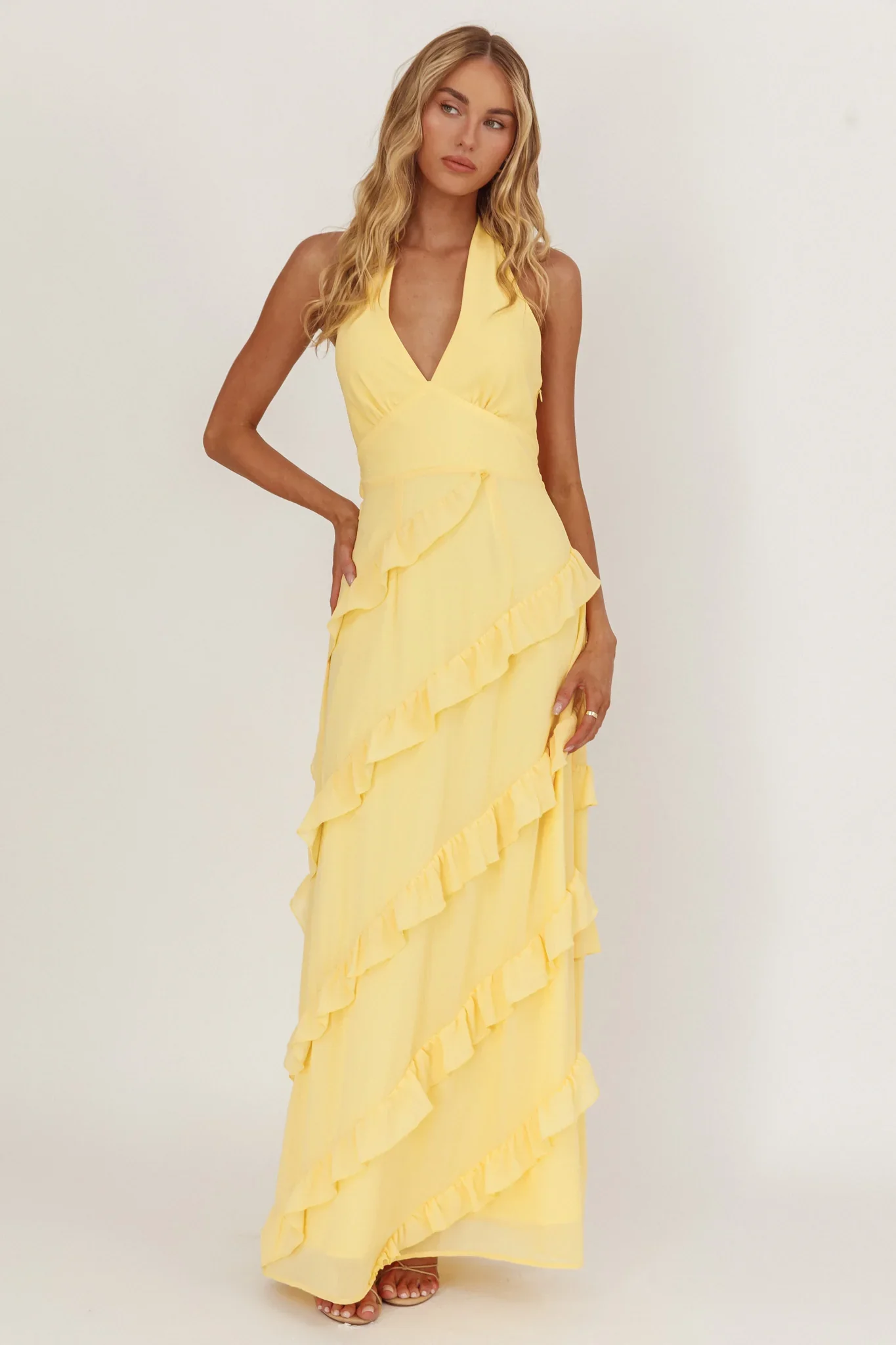 Flirt Frill Trim Halter Maxi Dress Lemon - luluinthesky