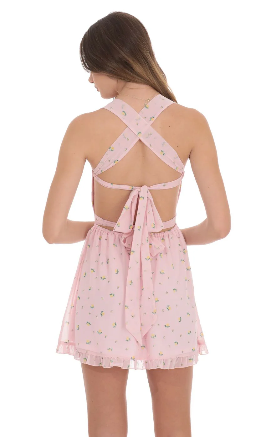 Floral Strappy Back Bows Dress in Pink - luluinthesky