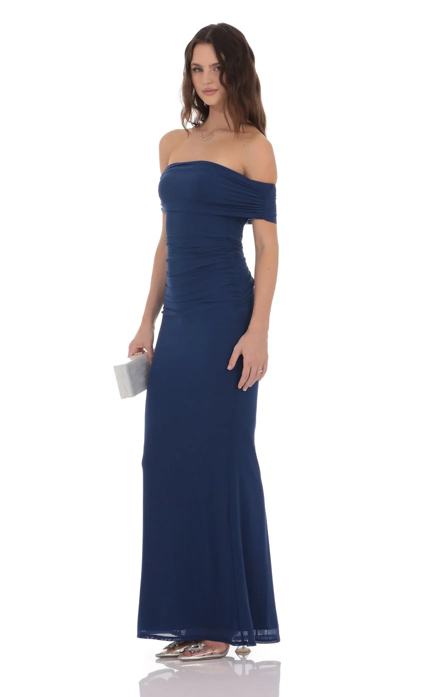 Mesh Shell Off Shoulder Maxi Dress in Navy - luluinthesky