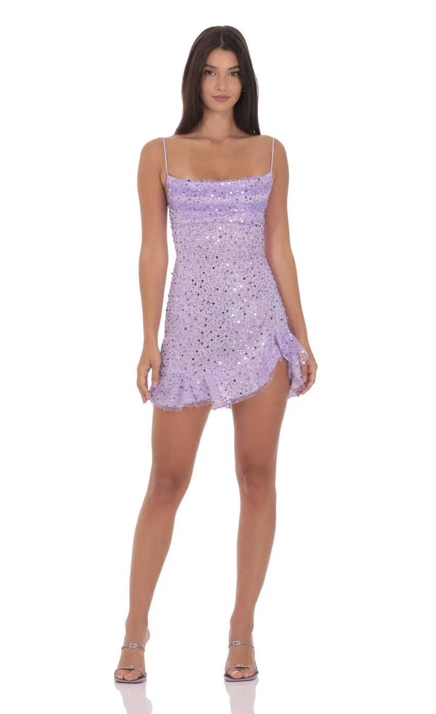 Sequin Beaded Ruffled Slit Dress in Lavender - luluinthesky