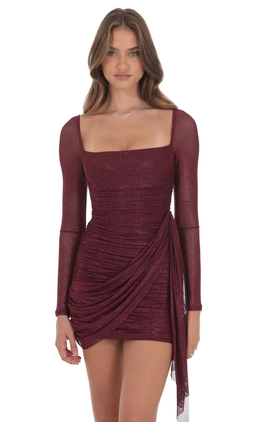 Foil Mesh Long Sleeve Tassel Dress in Burgundy - luluinthesky