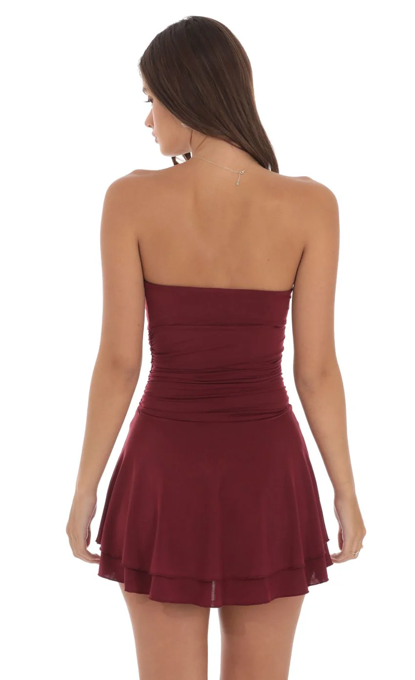 Strapless Ruched A-line Dress in Maroon - luluinthesky