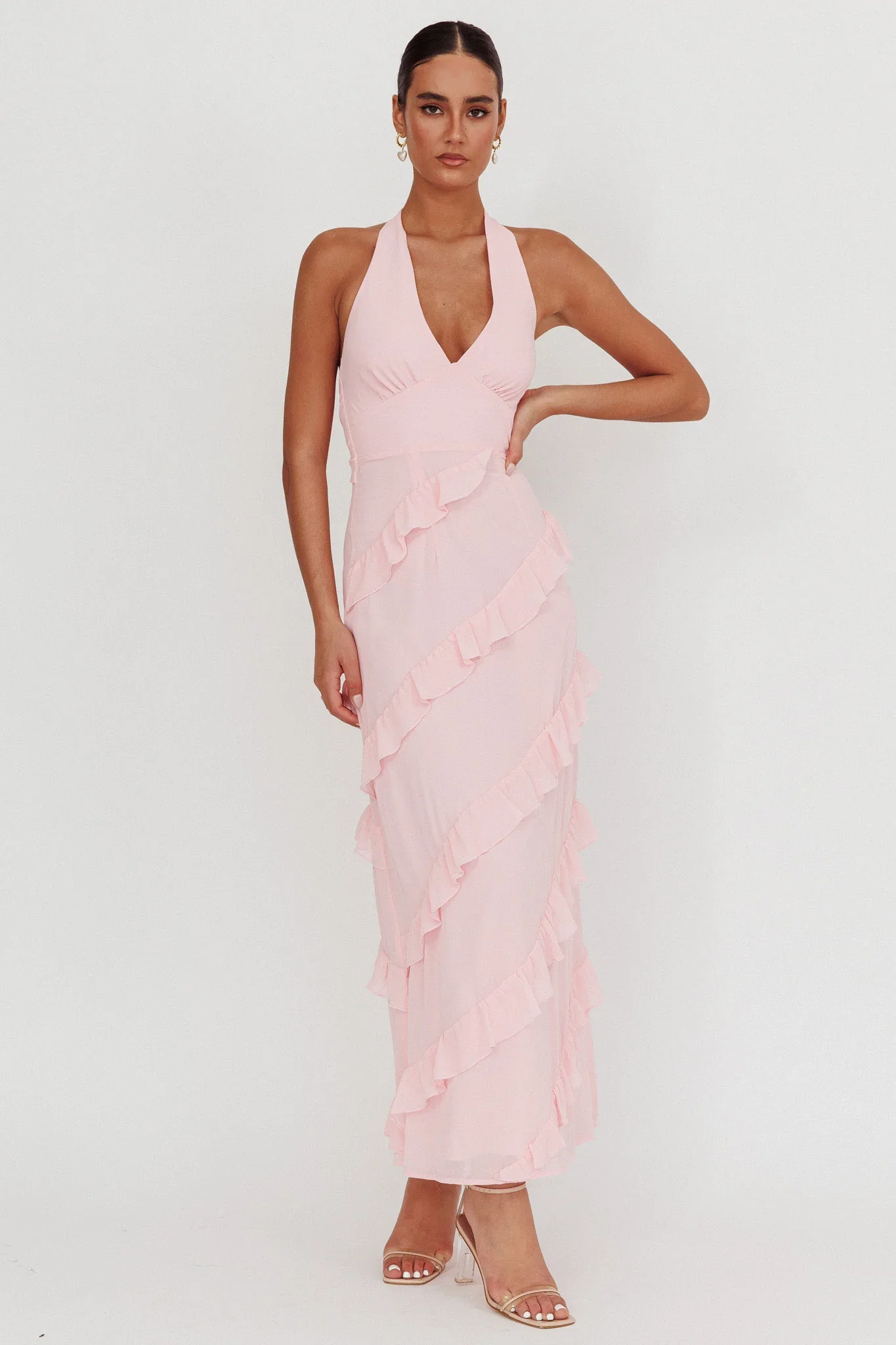 Flirt Frill Trim Halter Maxi Dress Blush - luluinthesky