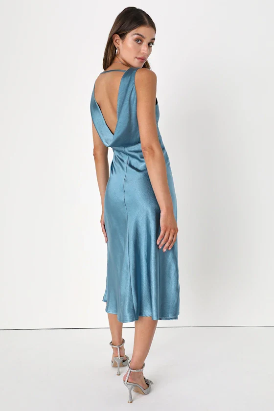 Incredible Love Slate Blue Satin Cowl Back Midi Slip Dress - luluinthesky