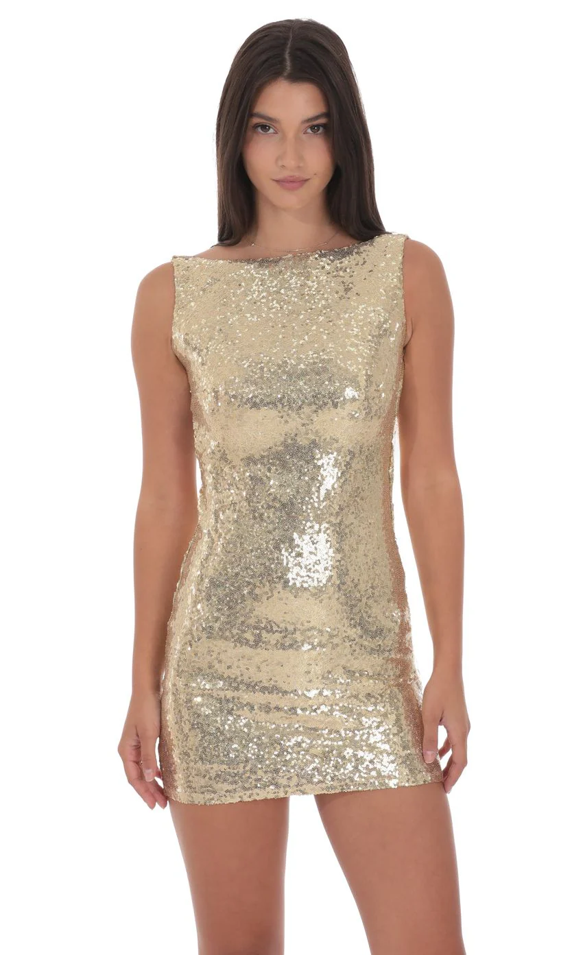 Sequin High Neck Open Back Dress in Gold - luluinthesky