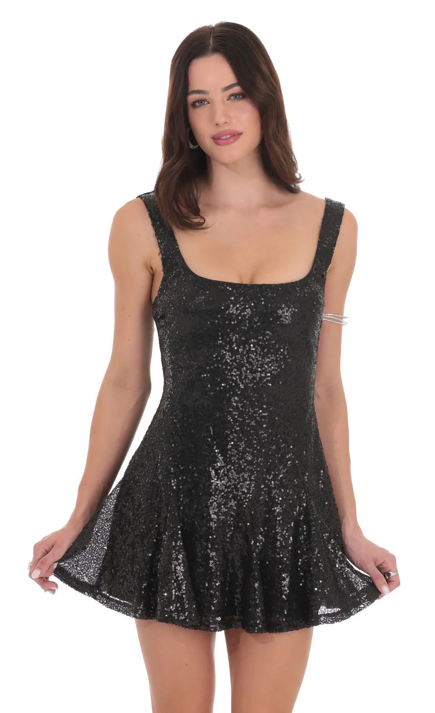 Sequin Skater Dress in Black - luluinthesky