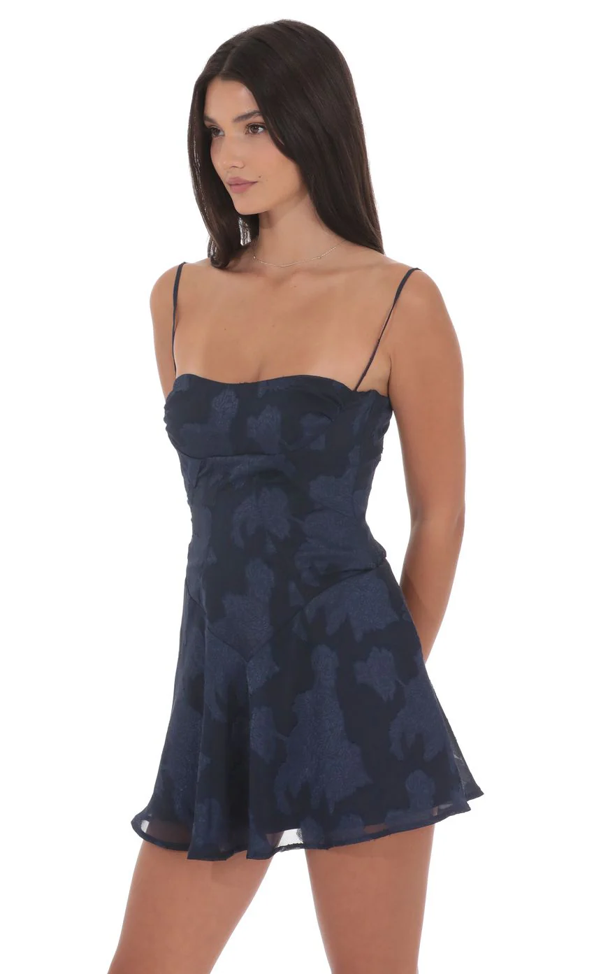 Textured Floral A-line Dress in Navy - luluinthesky