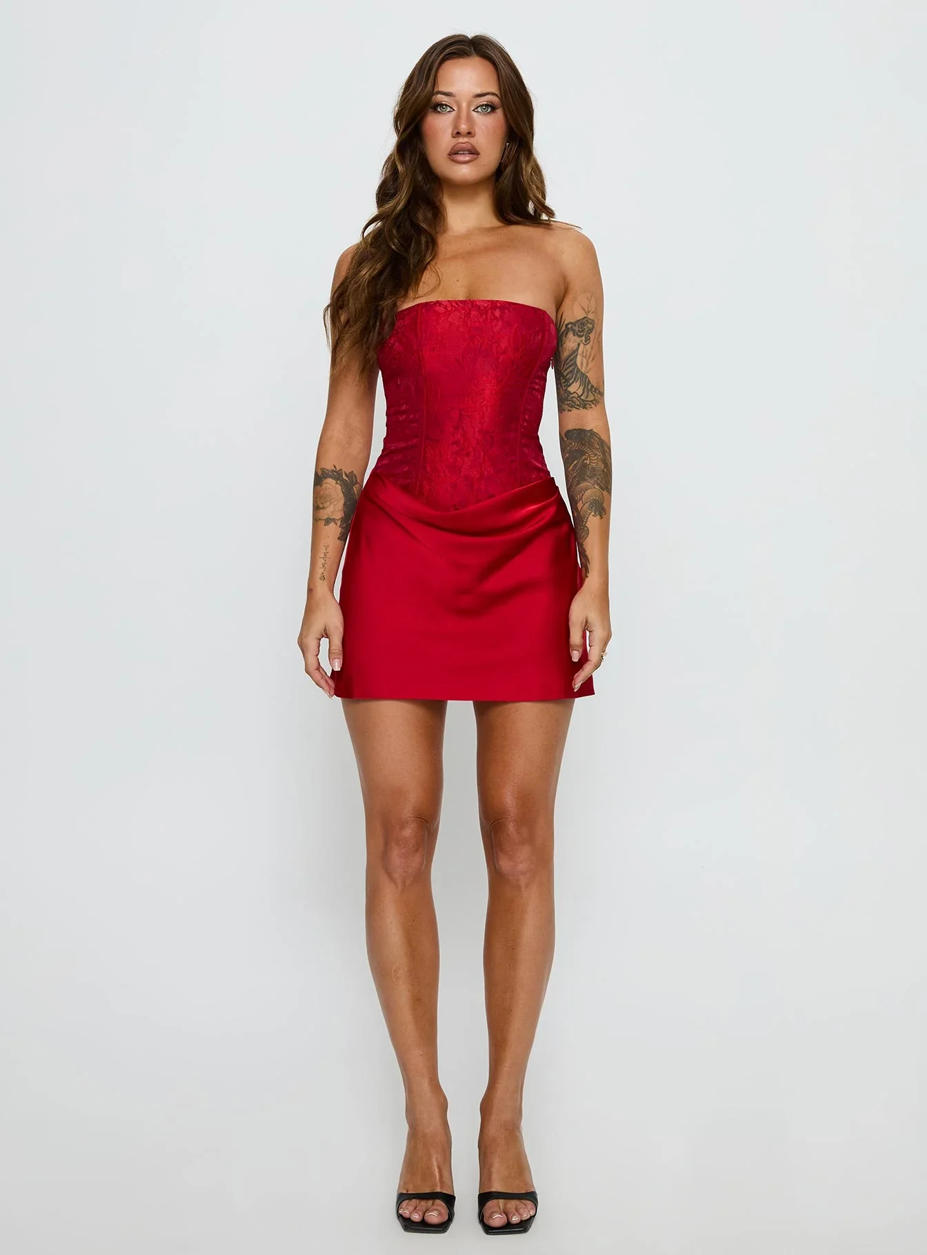 Jenevieve Strapless Drape Mini Dress Red - luluinthesky