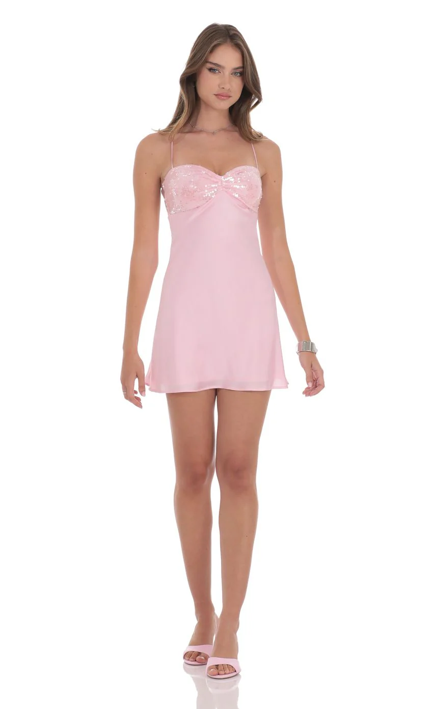 Satin Sequin Bust Dress in Pink - luluinthesky