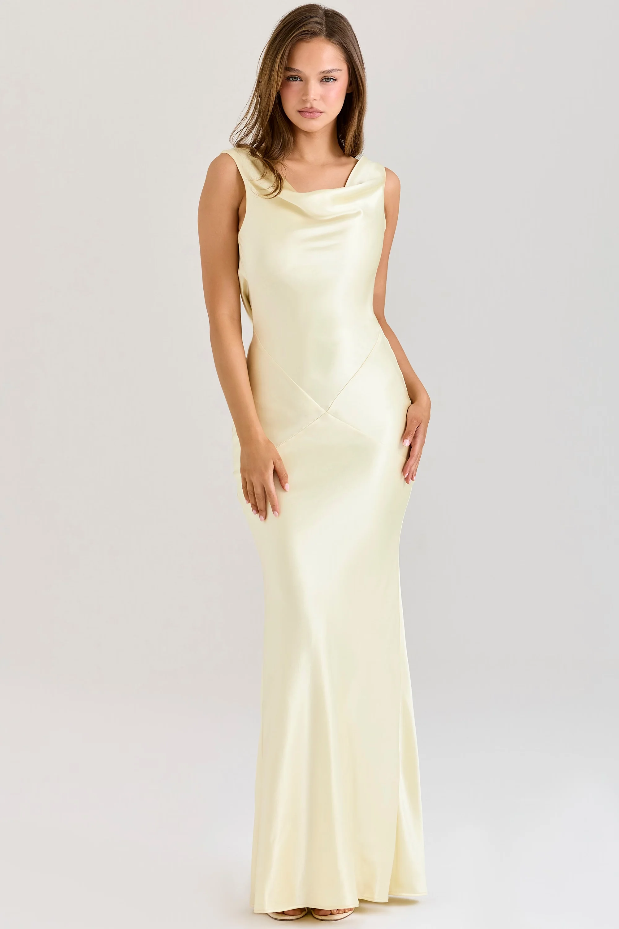 Buttermilk Satin Draped Cowl Neck Maxi Dress - luluinthesky