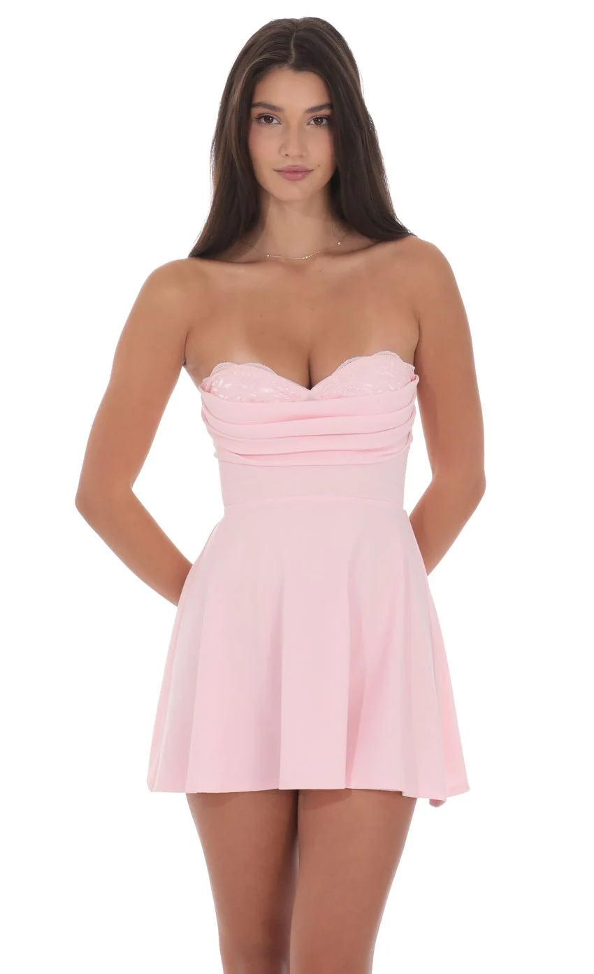 Lace Bust Fit and Flare Dress in Pink - luluinthesky