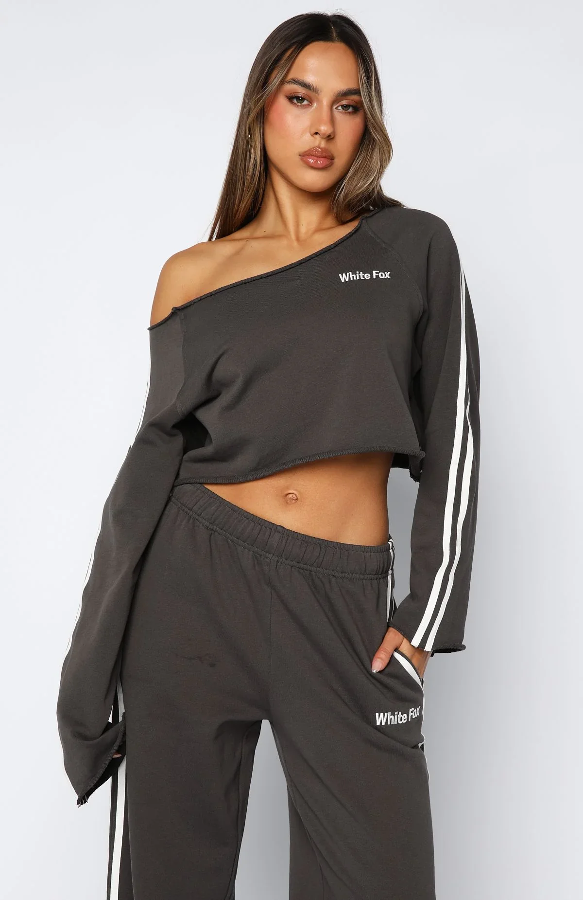 Star Student Cropped Off Shoulder Sweater Charcoal - luluinthesky