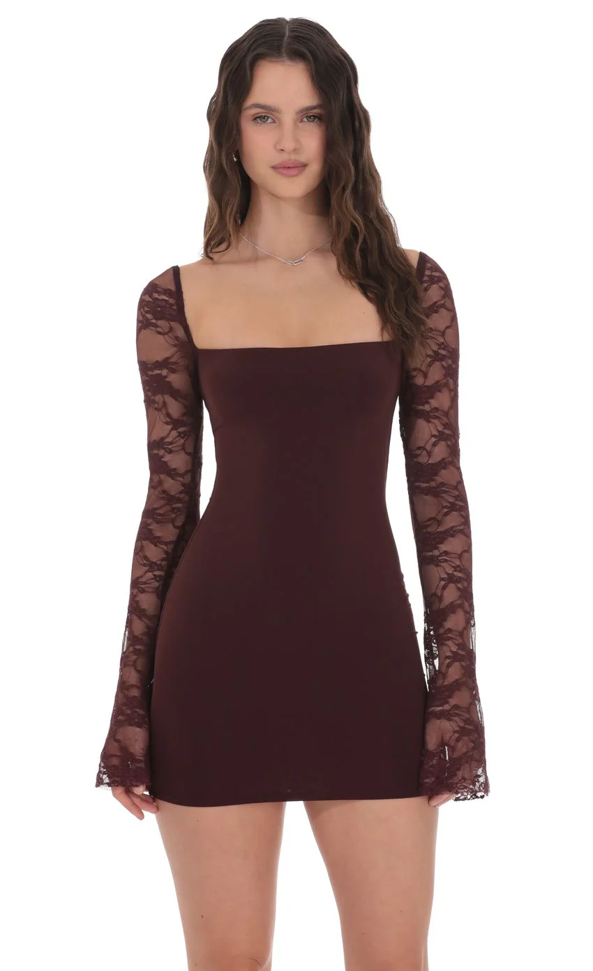 Lace Long Sleeve Bodycon Dress in Brown - luluinthesky