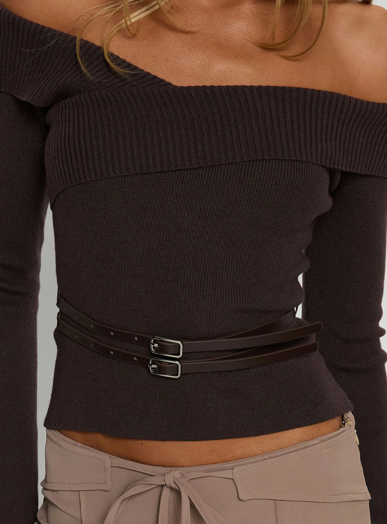 Ellenore Belt Detail Off Shoulder Top Brown - luluinthesky