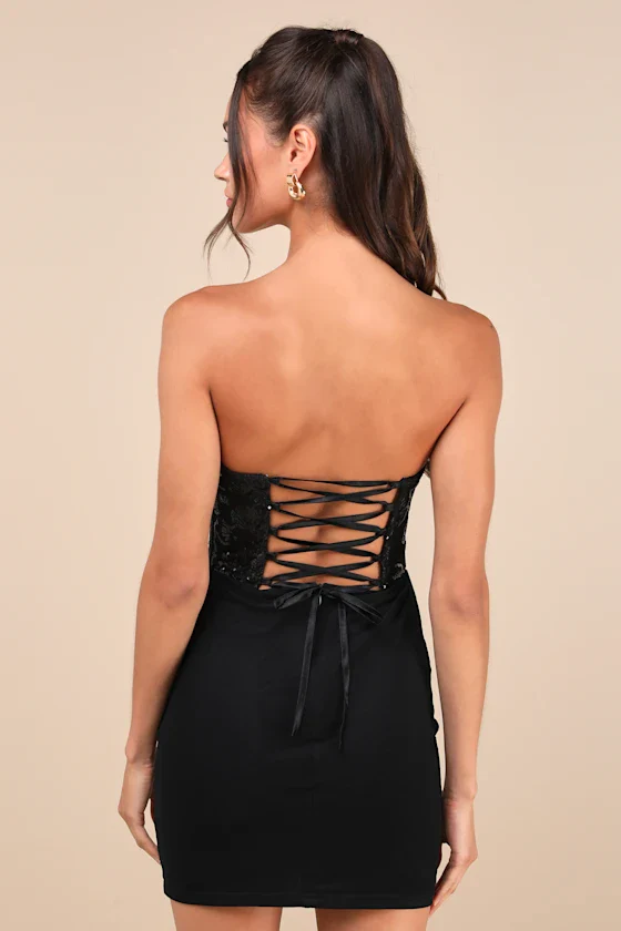 Exquisite Allure Black Mesh Sequin Strapless Bustier Mini Dress - luluinthesky