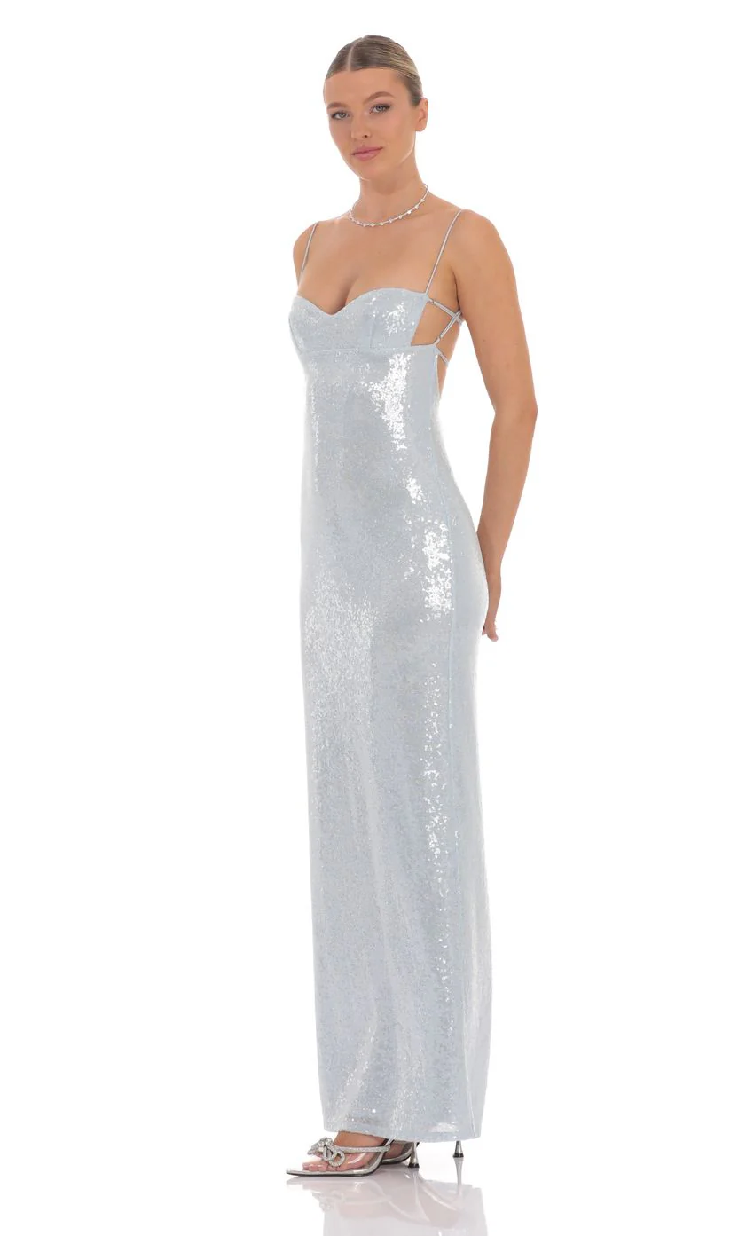 Sequin Open Back Maxi Dress in Icy Blue - luluinthesky