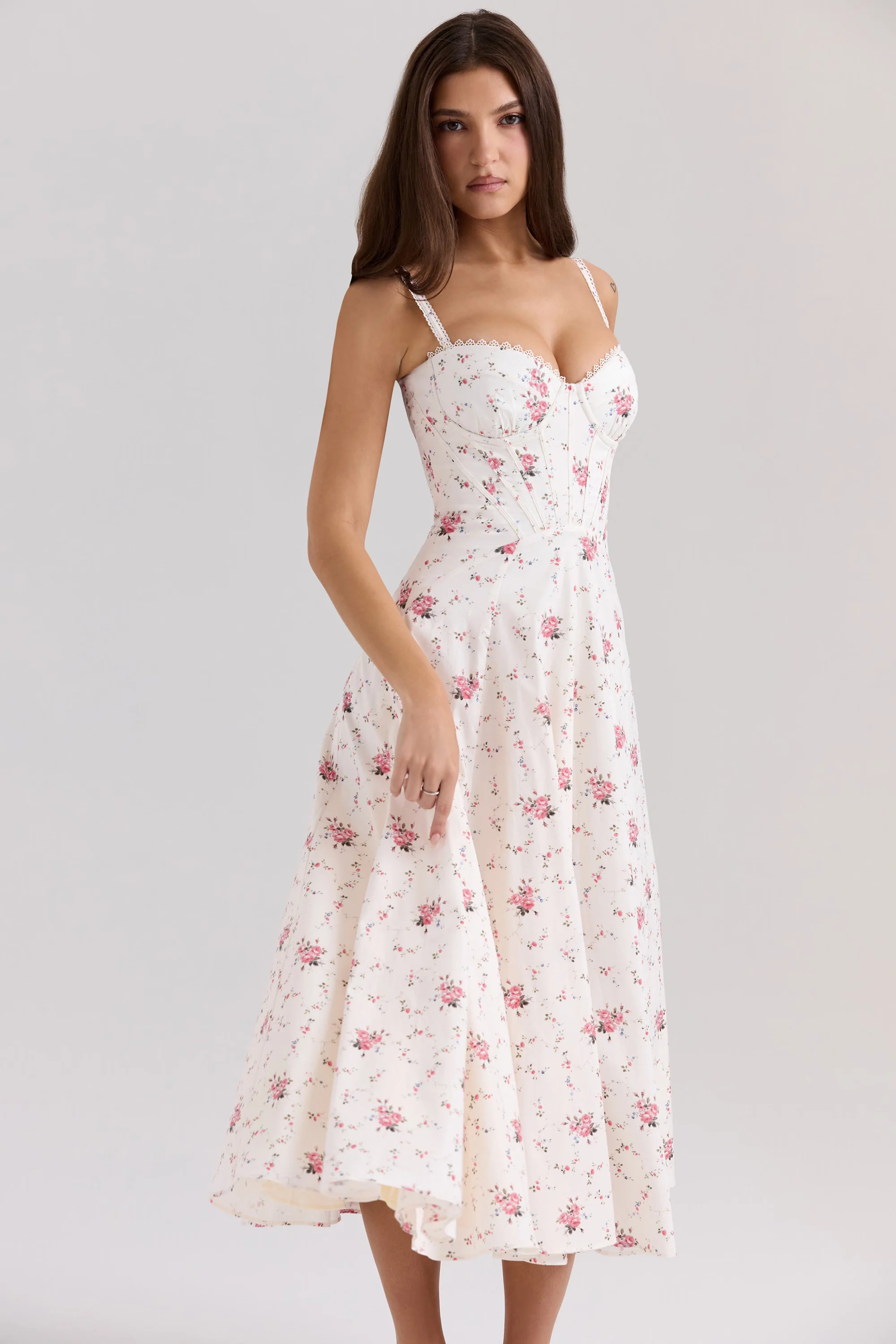 White Stretch Cotton Rose Print Midi Sundress - luluinthesky
