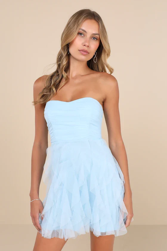 Delightful Beauty Light Blue Mesh Strapless Ruffled Mini Dress - luluinthesky