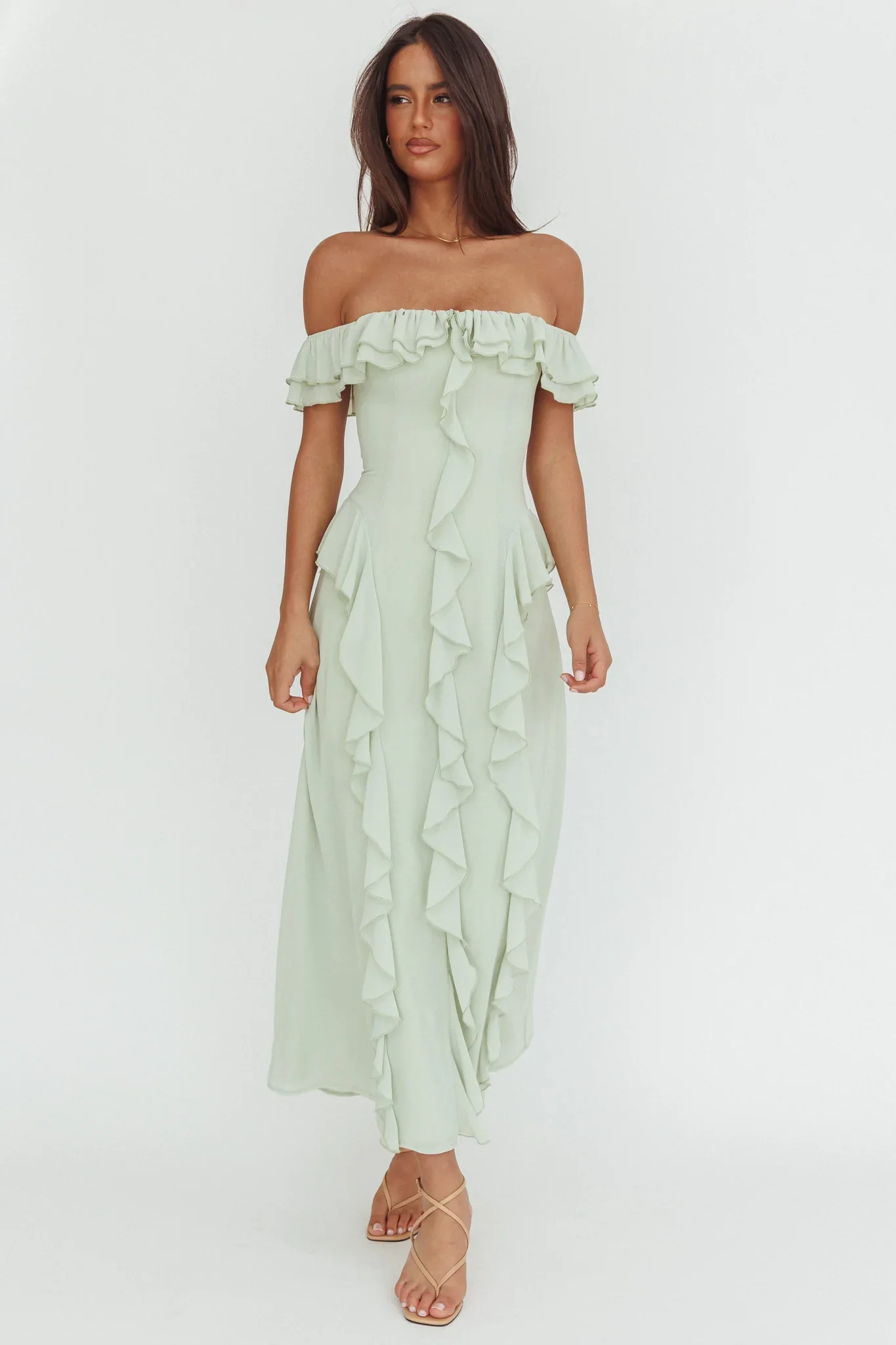 Scarlet Off-Shoulder Ruffle Trim Maxi Dress Sage - luluinthesky