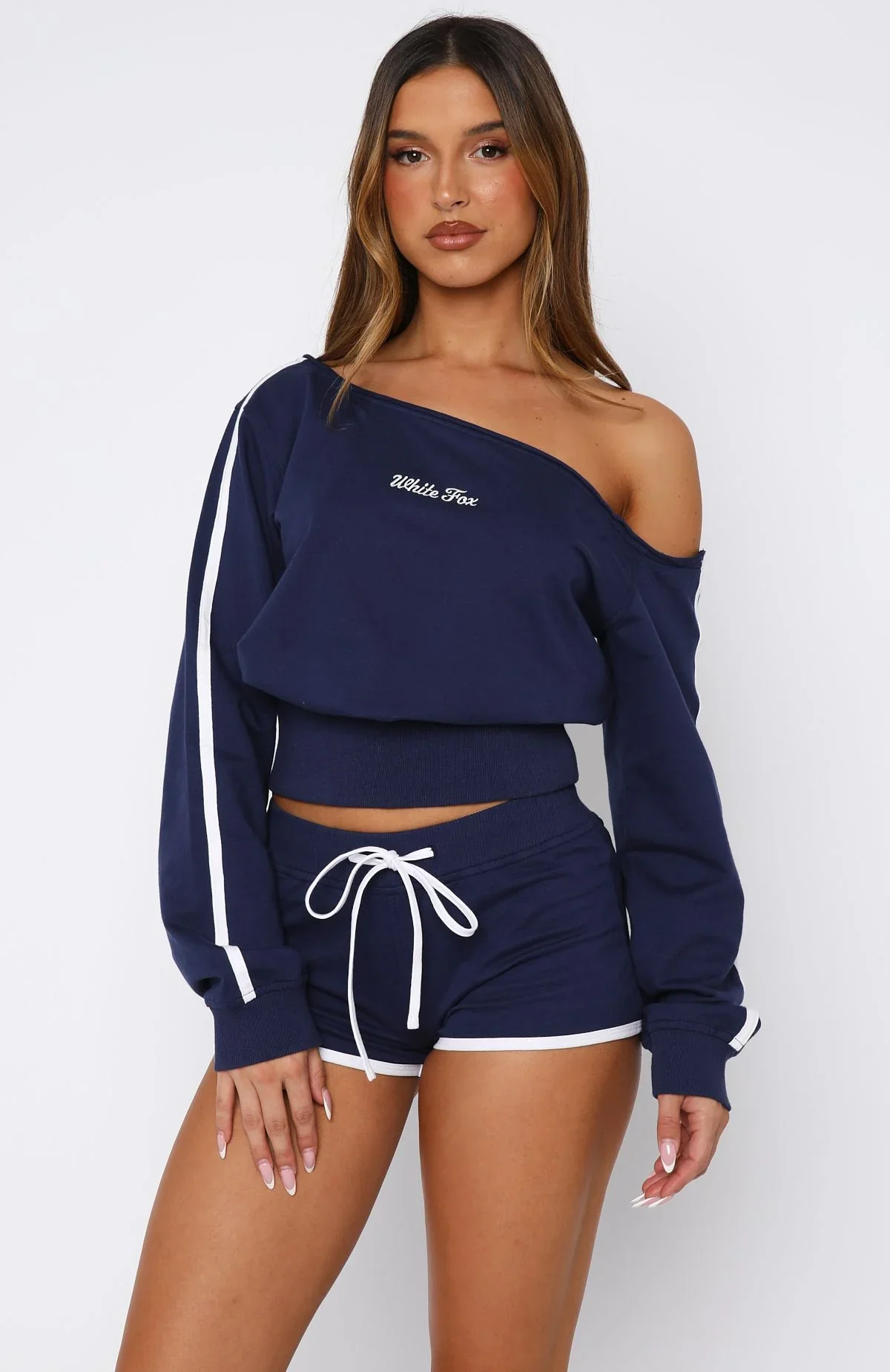 High Roller Off Shoulder Long Sleeve Sweater Navy - luluinthesky
