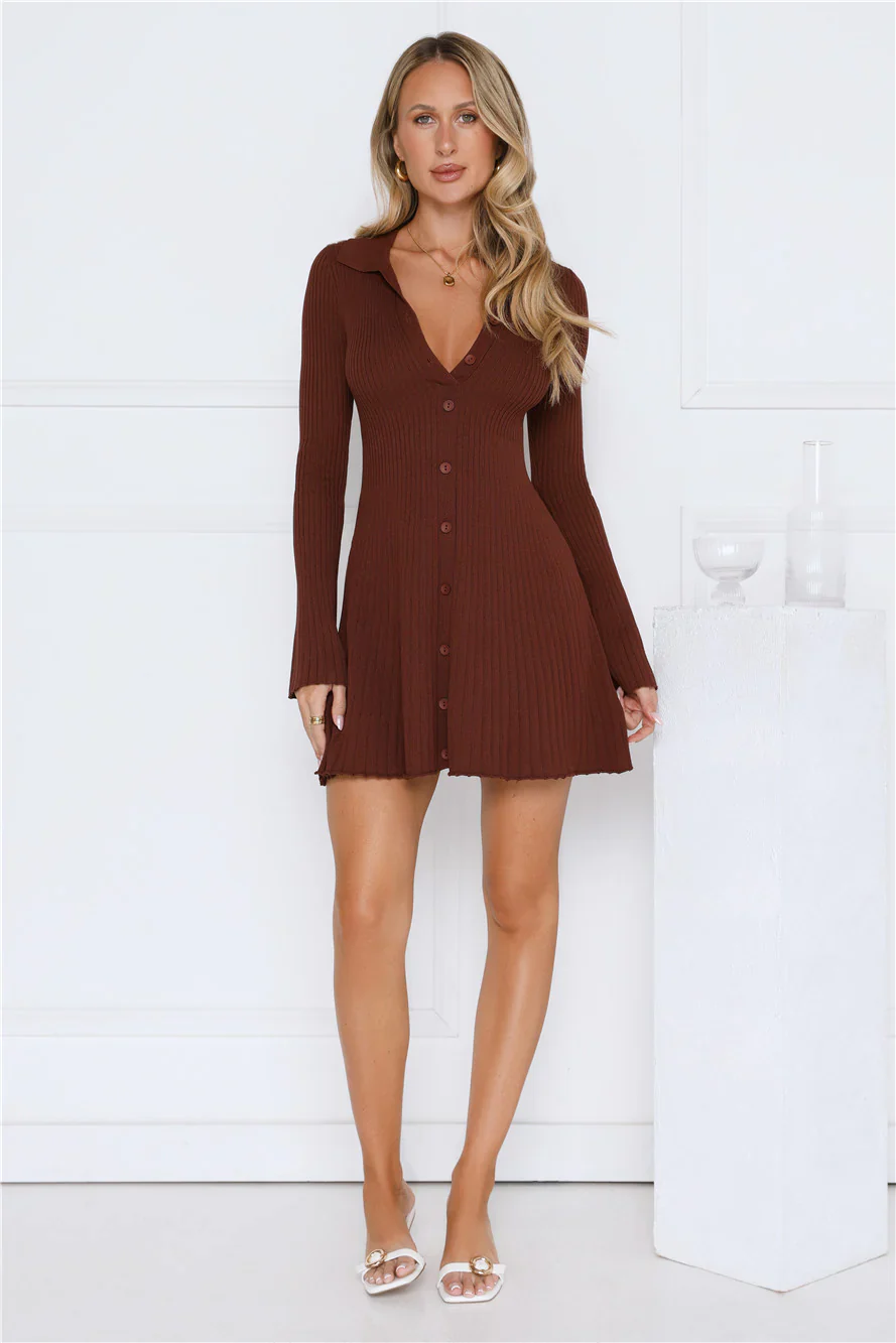 Autumn Luxe Long Sleeve Knit Dress Brown - luluinthesky