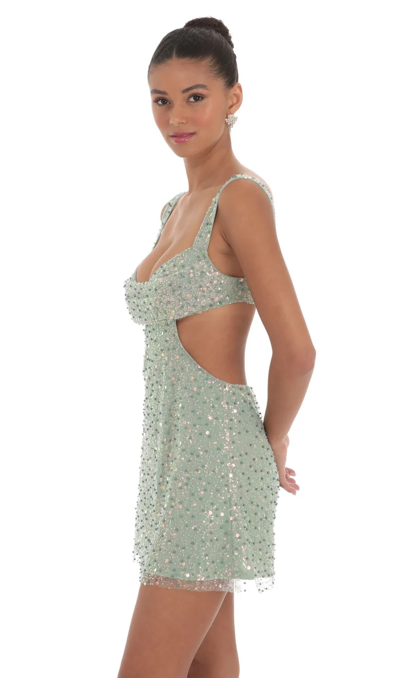 Sequin Pearl Cutout Dress in Green - luluinthesky