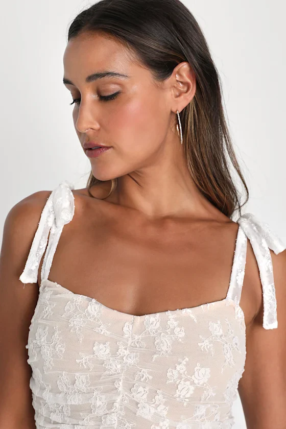 Be Mine Forever White Floral Lace Ruched Bodycon Dress - luluinthesky
