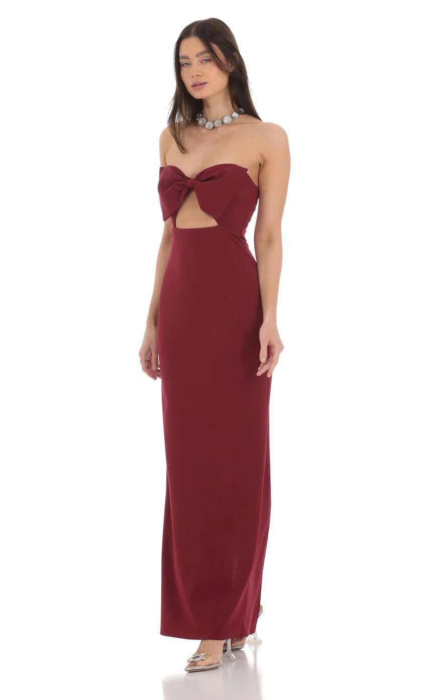 Bow Cutout Strapless Maxi Dress in Maroon - luluinthesky