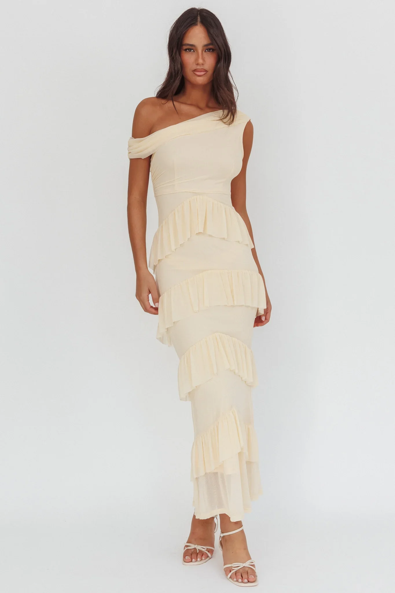 Anaisa Asymmetric Neckline Frill Maxi Dress Cream - luluinthesky