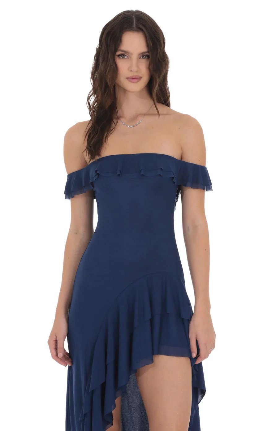 Off Shoulder Ruffle Maxi Dress in Blue - luluinthesky