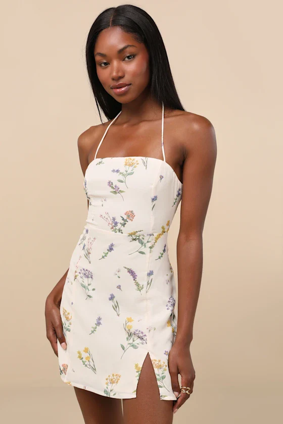 Catch the Bouquet Cream Floral Halter Lace-Up Mini Dress - luluinthesky