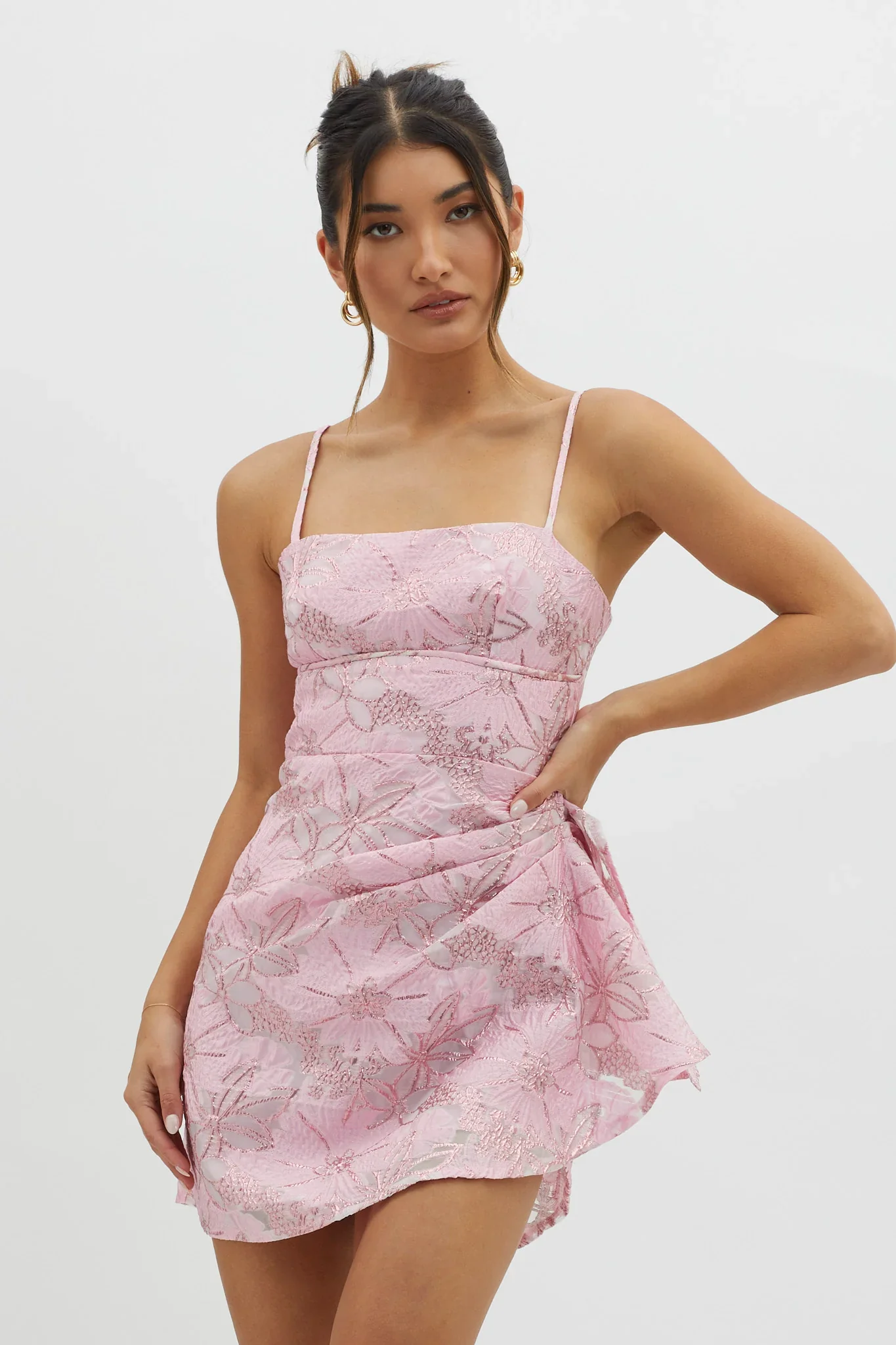 Sterling Gathered Waist Embroidery Mini Dress Pink - luluinthesky