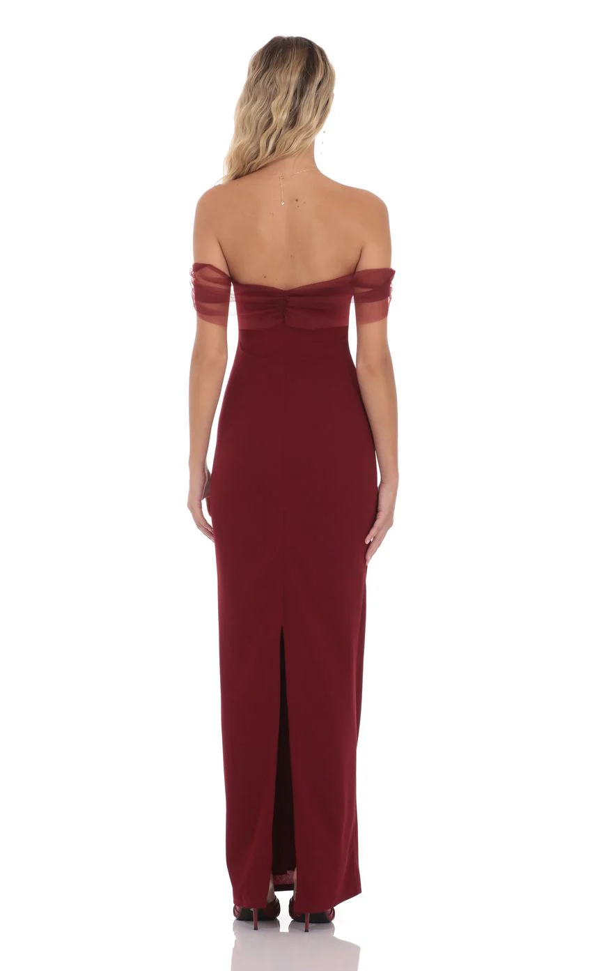Tulle Off Shoulder Maxi Dress in Maroon - luluinthesky