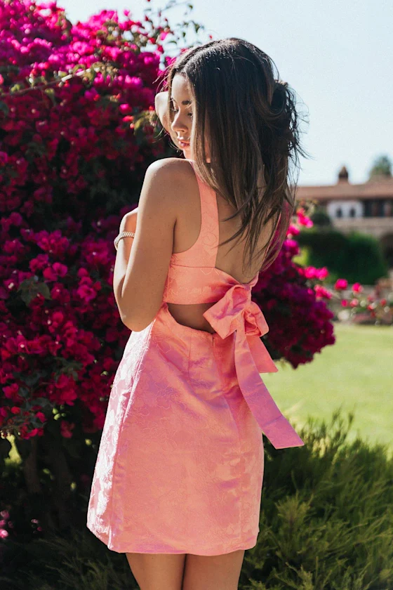 Perfectly Flirtatious Pink Floral Jacquard Tie-Back Mini Dress - luluinthesky
