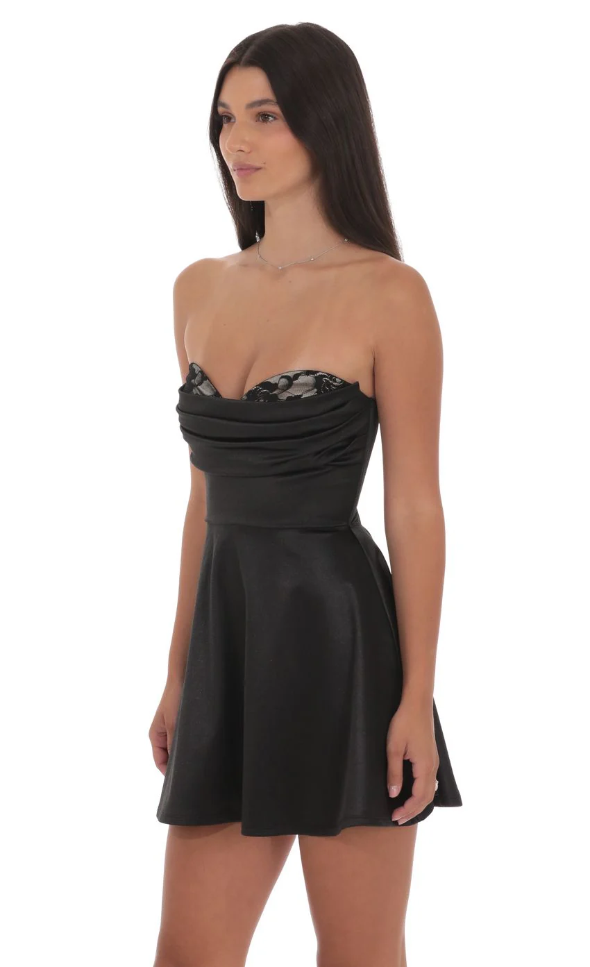 Satin Lace Bust Flare Dress in Black - luluinthesky