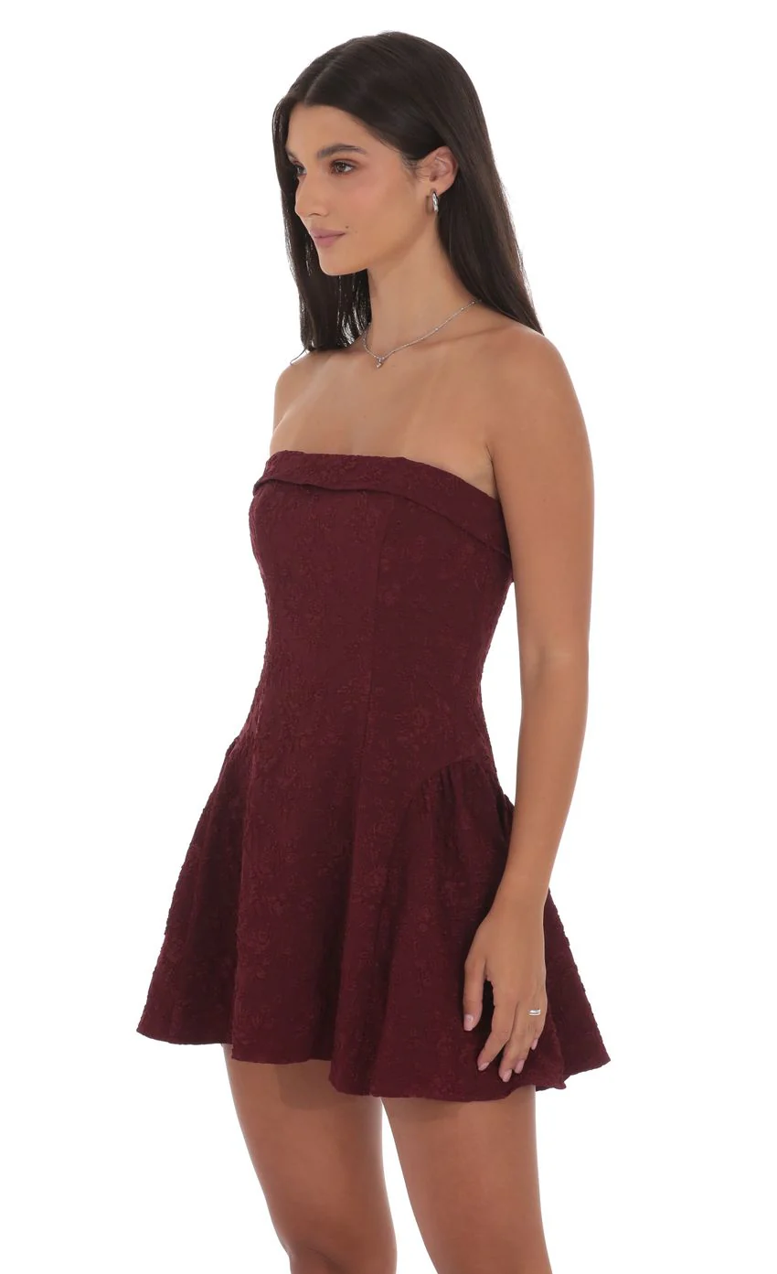 Jacquard Strapless Flare Dress in Burgundy - luluinthesky