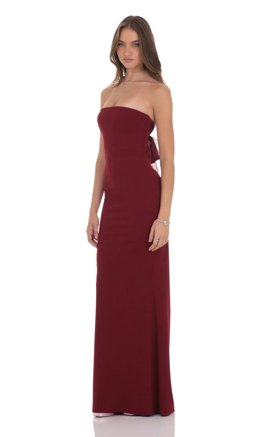 Back Bow Strapless Maxi Dress in Burgundy - luluinthesky