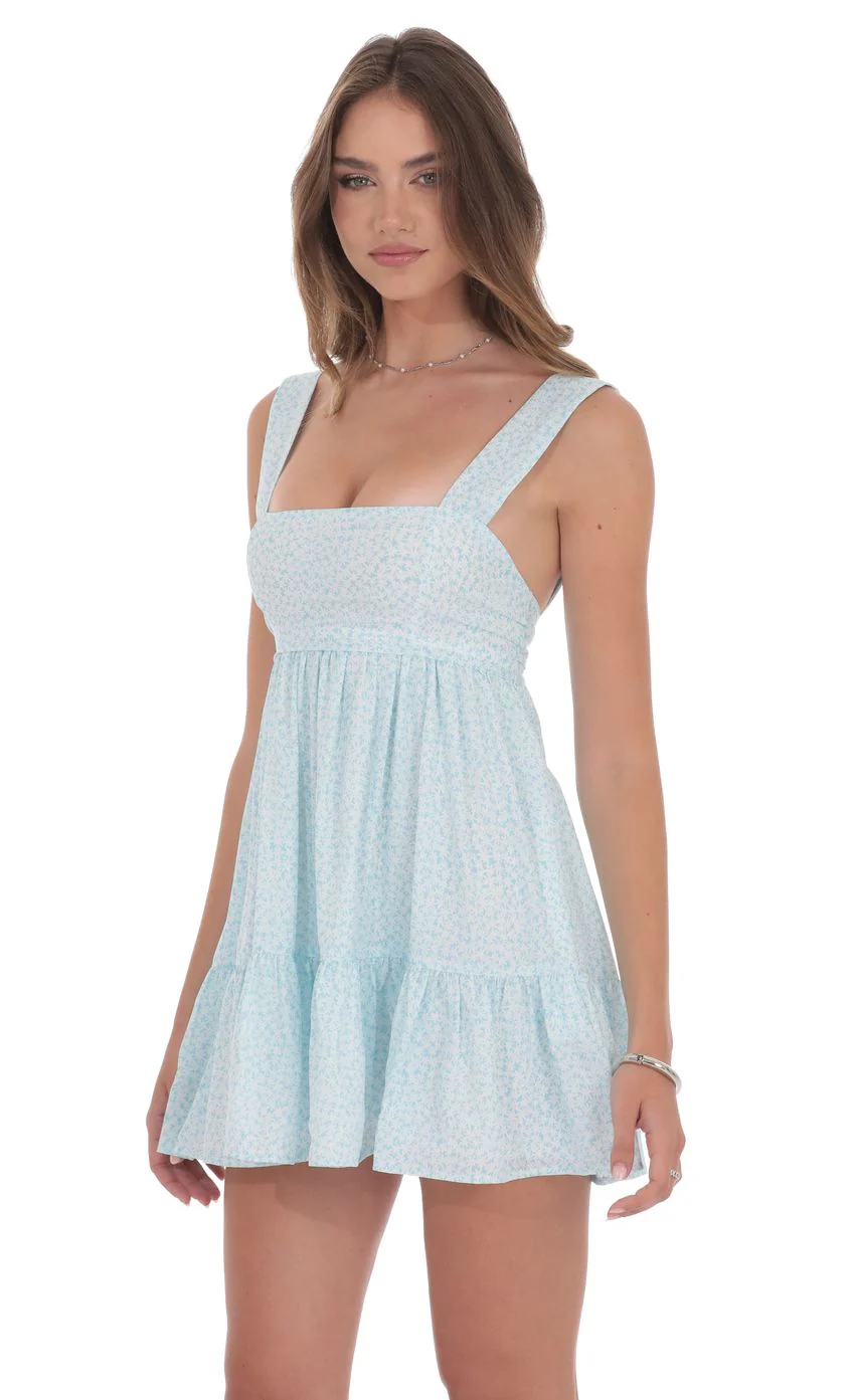 Floral Square Neckline Babydoll Dress in Blue and White - luluinthesky