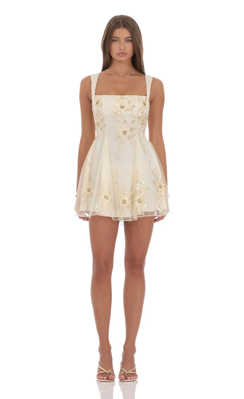 Floral Gold Sequin Fit and Flare Dress in Ivory - luluinthesky