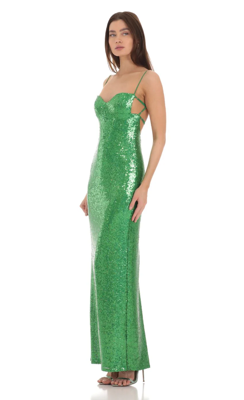 Sequin Open Back Maxi Dress in Green - luluinthesky