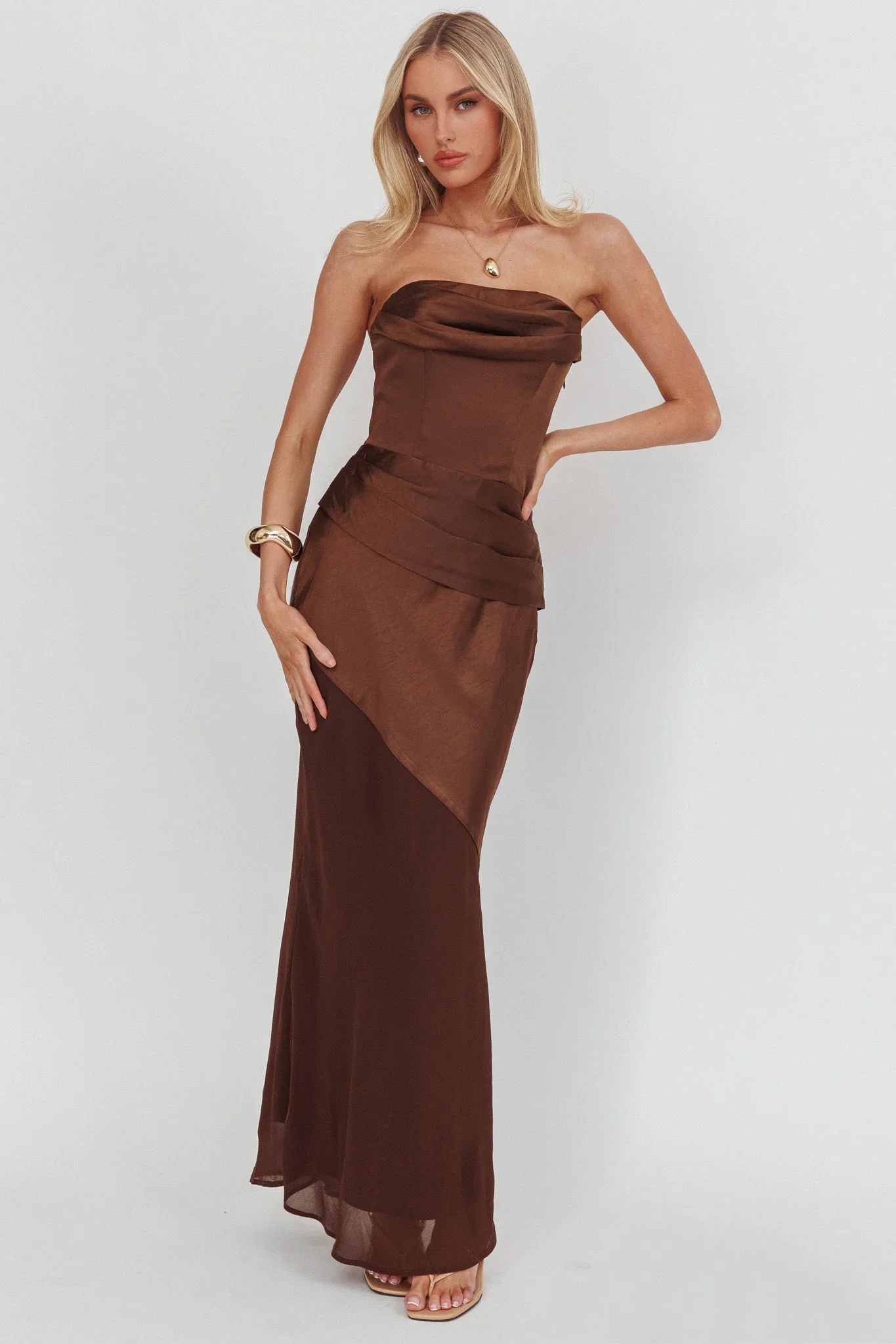 Moon Aura Pleat Detail Strapless Maxi Dress Chocolate - luluinthesky