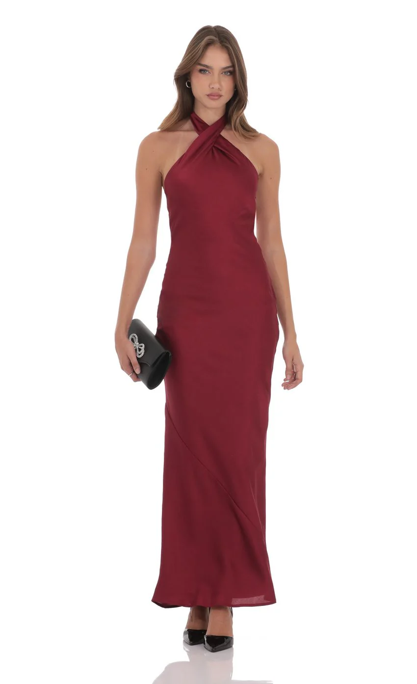 Satin Cross Halter Maxi Dress in Wine - luluinthesky
